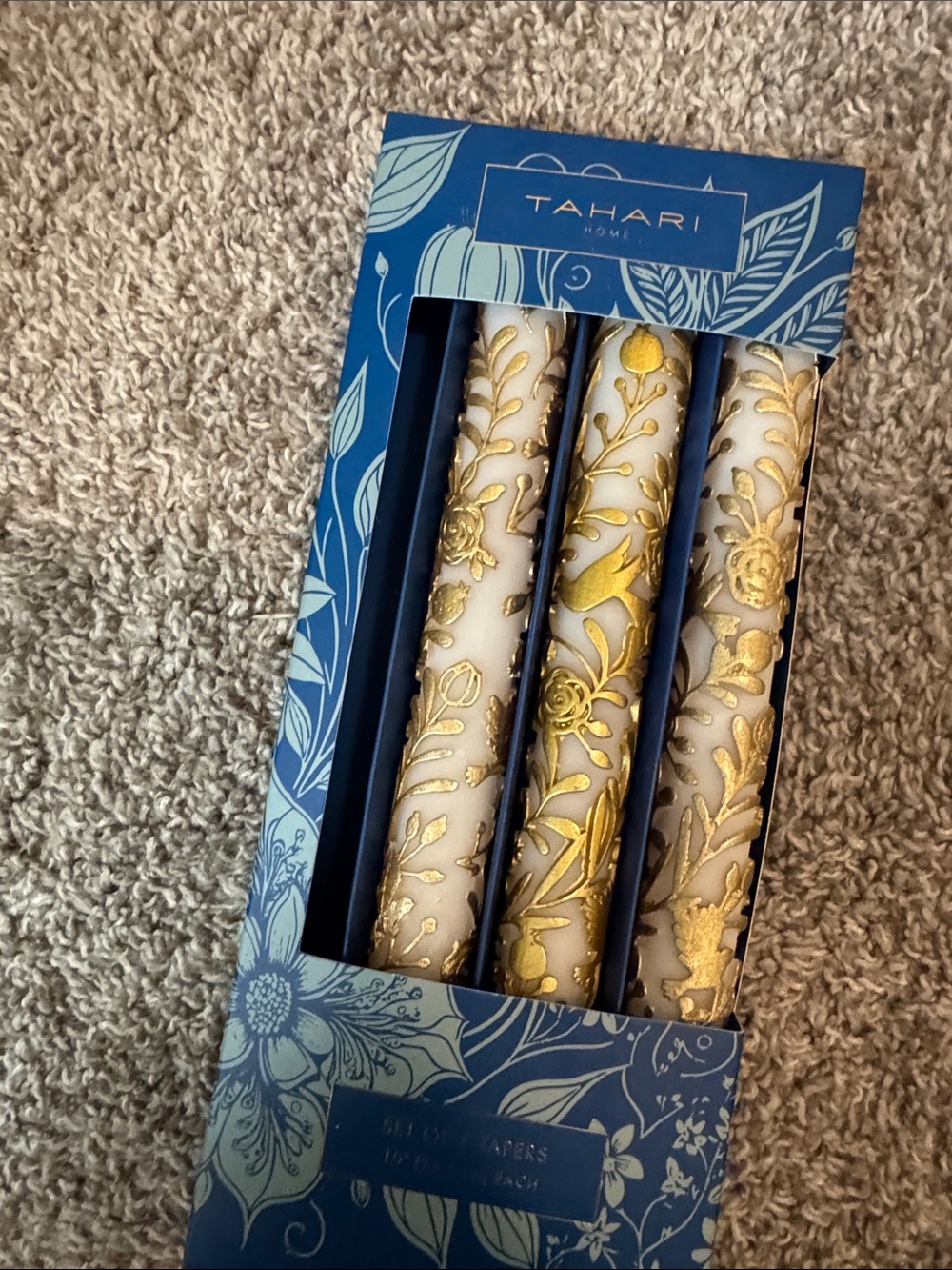Tahari Gold and White Floral Taper Candles - Set of 3